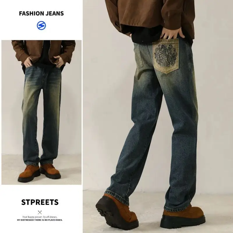 

Американские повседневные джинсы в стиле ретро, мужские весенне-осенние свободные прямые джинсы, модные универсальные джинсы для подростков