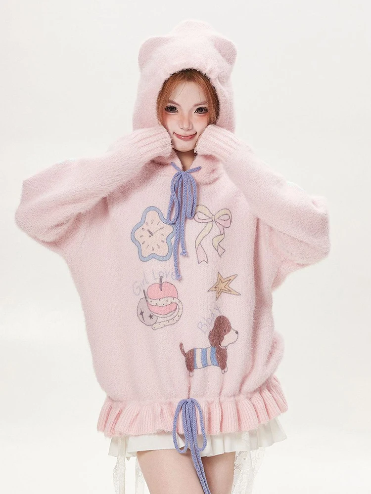 Kawaii Sweet Sweater Women Loose Cute Cartoon Print Knitted Hooded Jumper Fashion Fall Winter Female Long Sleeve Bow Pullover