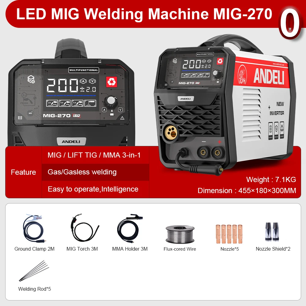 ANDELI Free Shipping MIG-270 4 in 1 110V 220V MULTI PROCESS SYNERGIC WELDER  MIG WITH GAS , FLUX MIG LIFT TIG  MMA