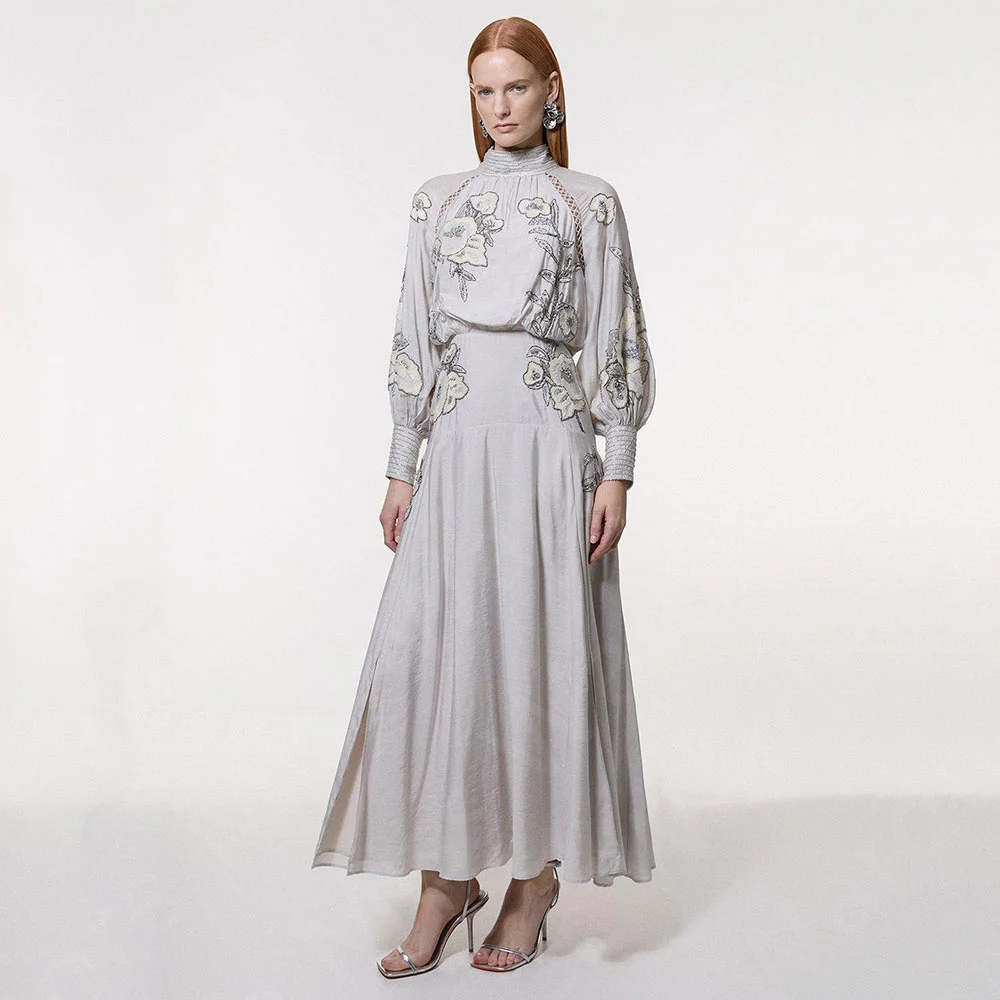 Customized Vintage Silver Prom Dresses Ankle Length Wedding Party Dresses Long Sleeves High Neck Evening Gowns 2025 Side Slit