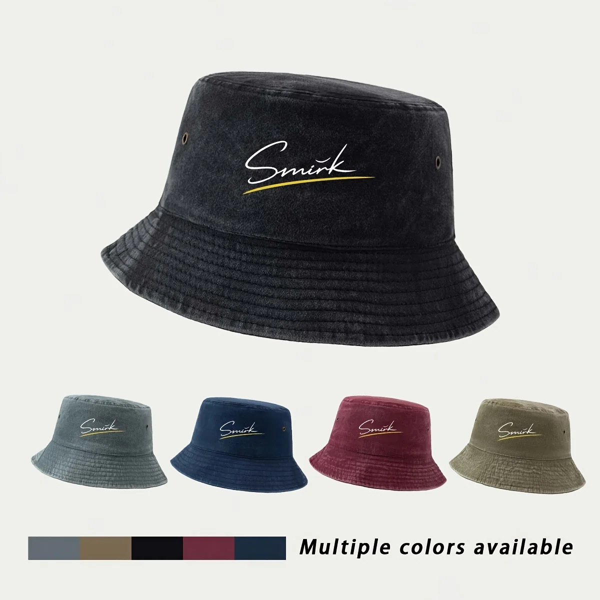 Fisherman Hat with Smirk Handwritten Cursive English Script and Simple Line Pattern. American-style Fresh Forest-inspired Casual