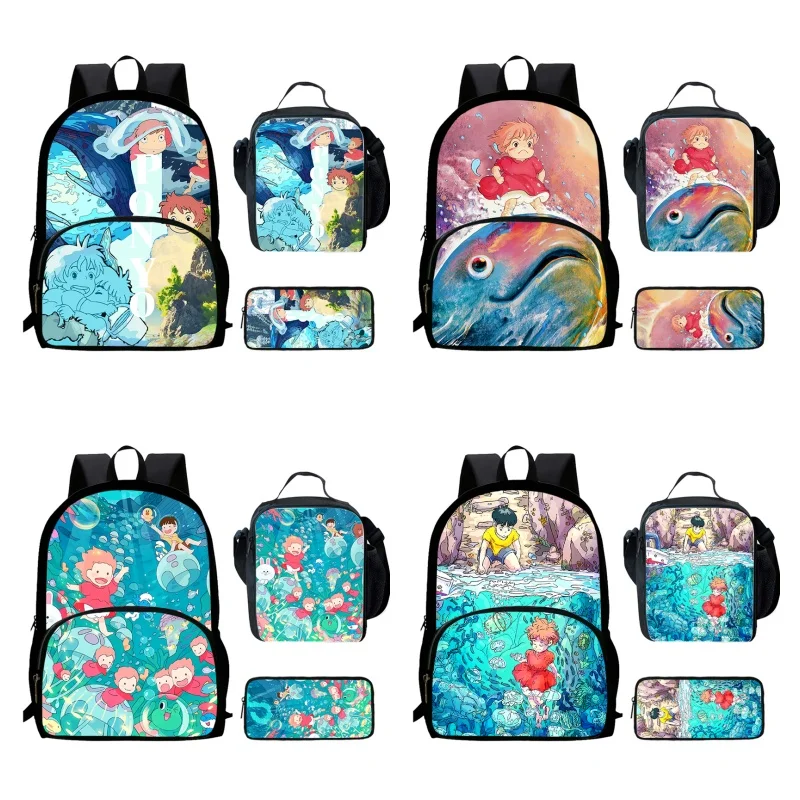 Anime Ponyo Child School Bags with Front Pocket,Lunch Bags,Pencil Bags for Aged 5-10 Anime Ponyo School Backpack Boys Girls