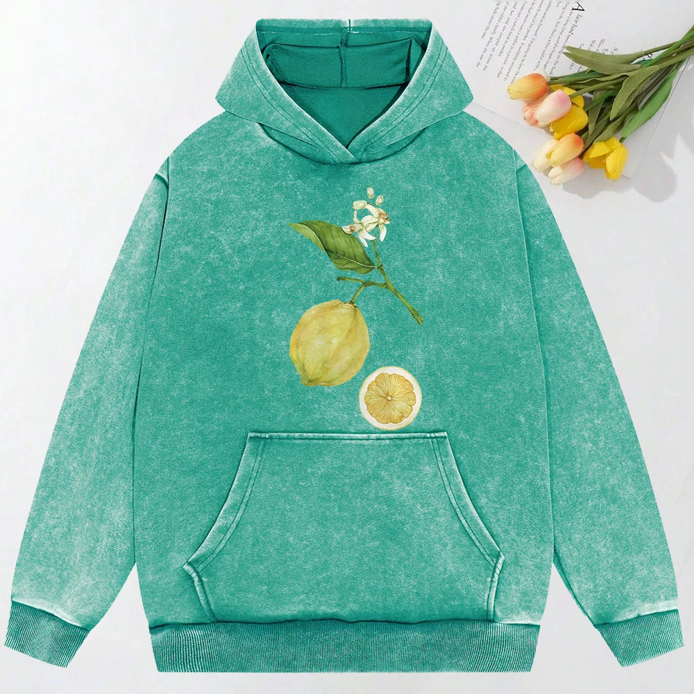 

Lemon Branches Simple Print Washed Sweatshirt Couple Hip Hop Loose Hoody Autumn Cotton Streetwear All-Match Soft Women Hoodie