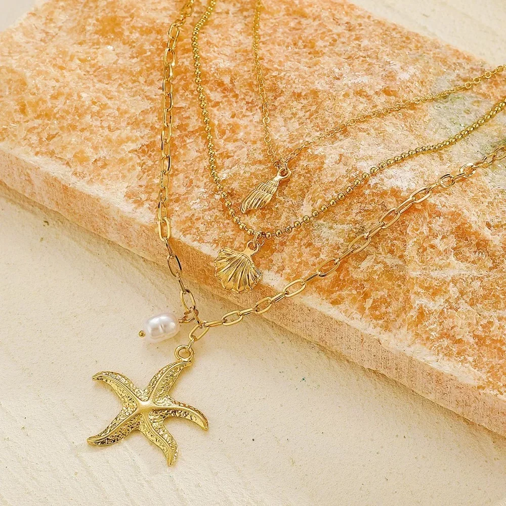 Vintage Fashion Three Layers Pearl Starfish Shell Pendant Necklace for Women Exquisite Conch Chokers Summer Beach Jewelry Gift