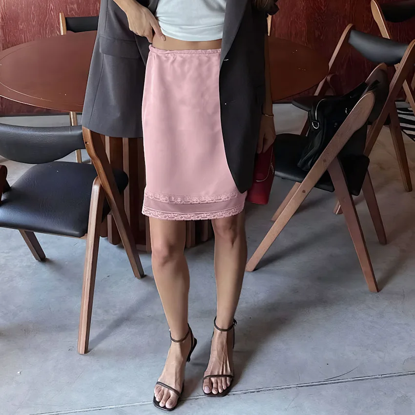 

Linad Street Chic розовые юбки с эластичной резинкой на талии для женщин, повседневная прямая юбка длиной до колена, осенние элегантные кружевные юбки-миди 2025