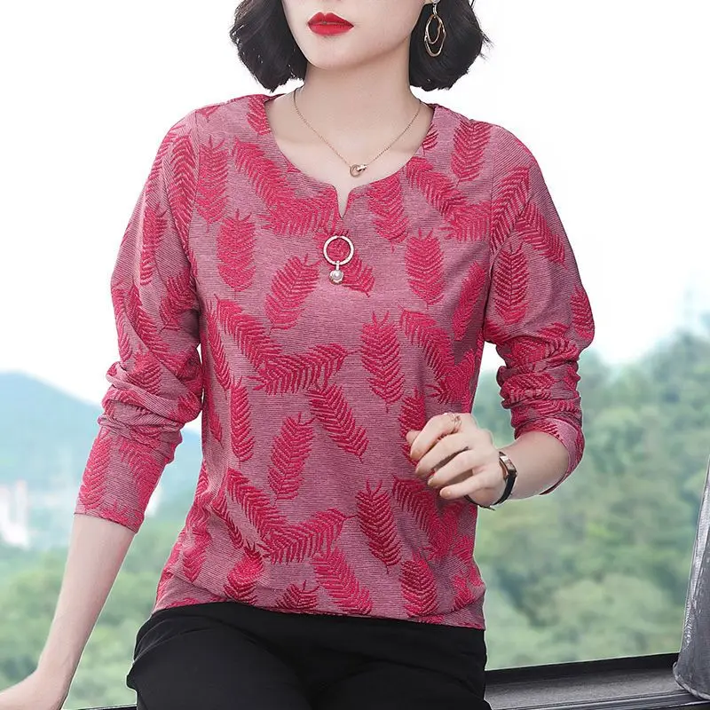 Round Neck Rivet Beaded Geometric Embroidered Women's Clothing Long Sleeve T-shirt Pullover Office Lady Casual Classic Tops