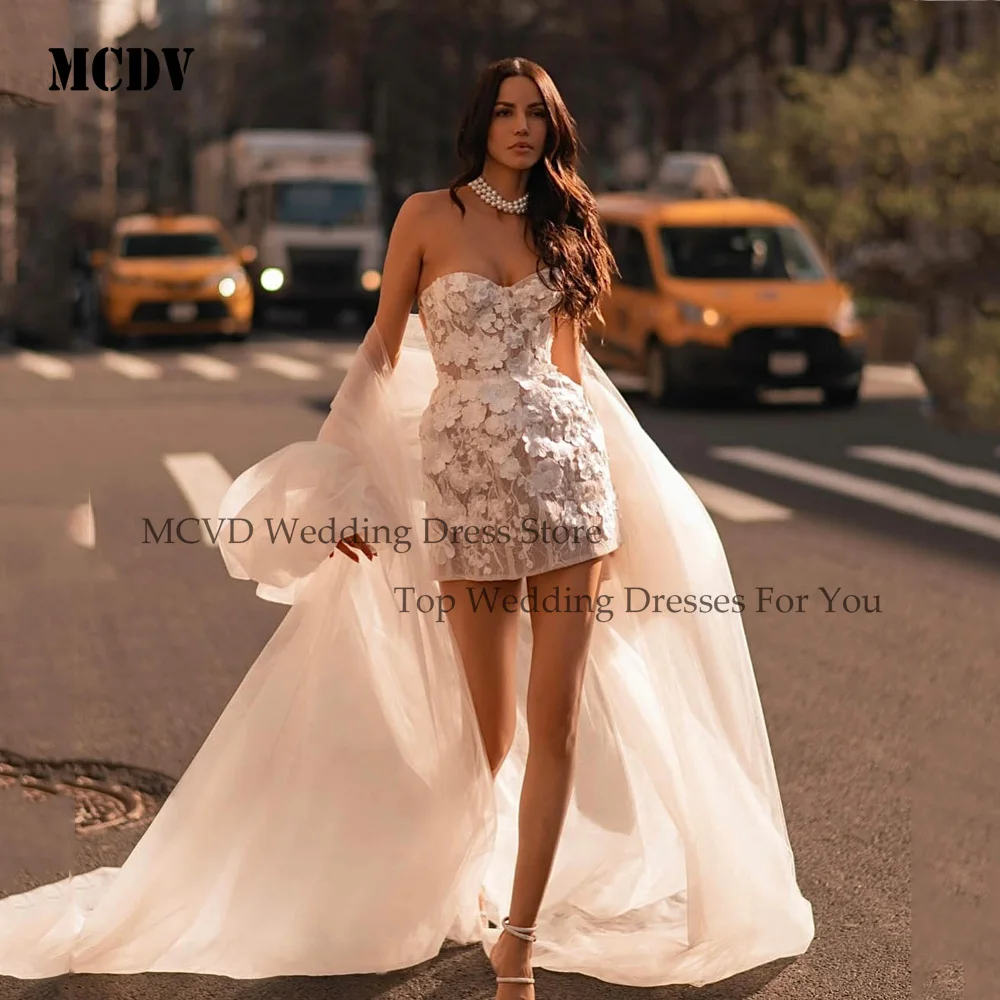 

MCDV Mini Floral Wedding Dresses Illusion Back Applique Strapless Tulle Short Bride Gowns 2025 Women Above Knee Customized