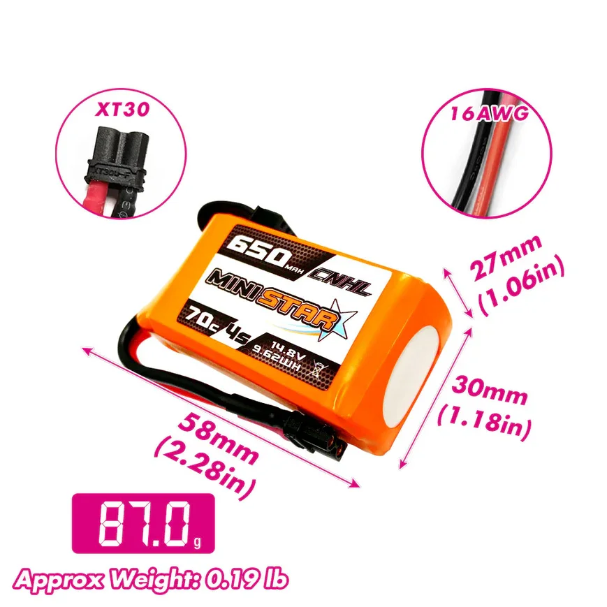 2 Packs CNHL MiniStar 650mAh 14.8V 4S 70C Lipo Battery with XT30U For CineWhoop RC Car Boat Truck Heli Airplane Quadcopter