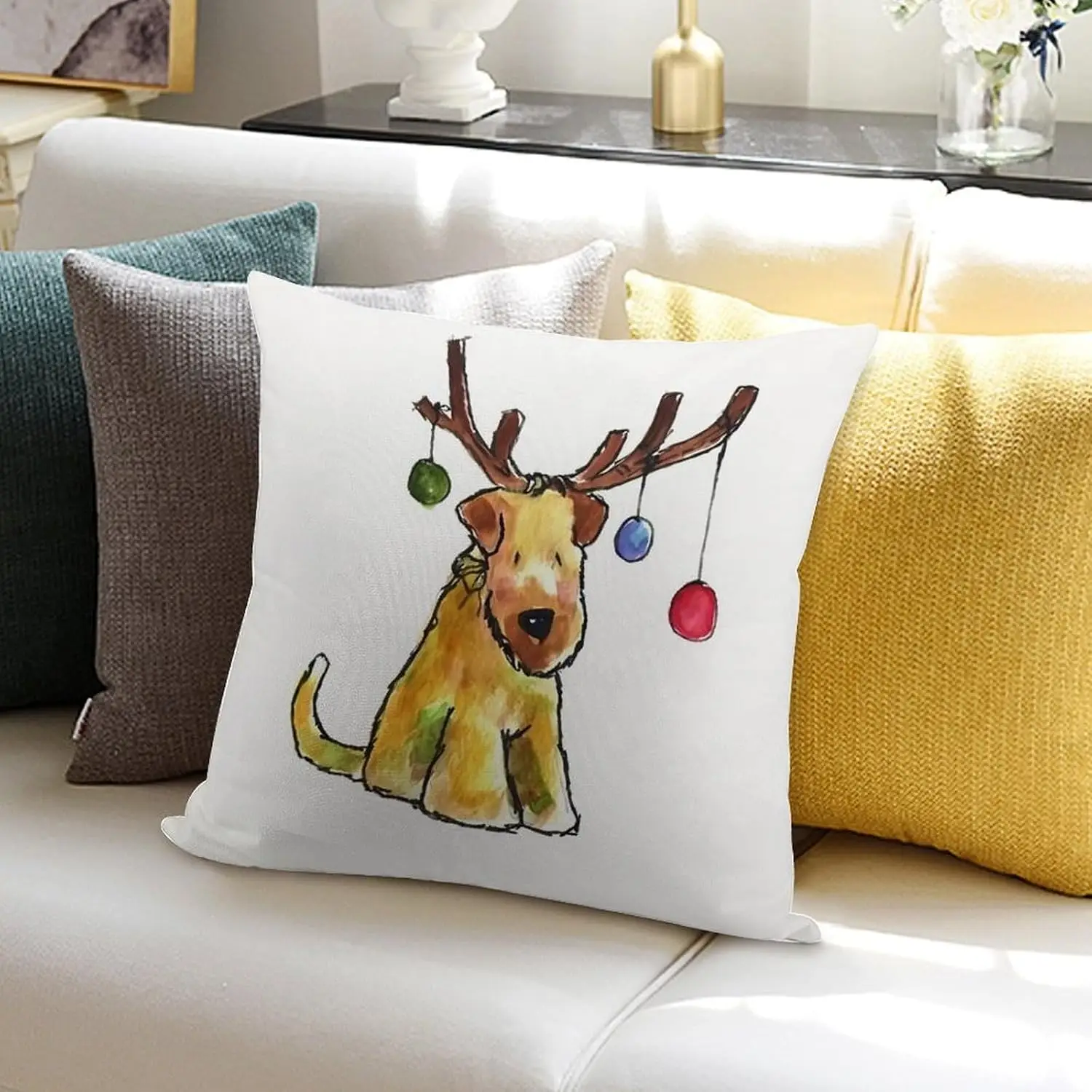 Funny Dog Antlers Pillowcase, Cute Christmas Terrier Print, Holiday Home Decor Cushion Cover, Soft Fabric