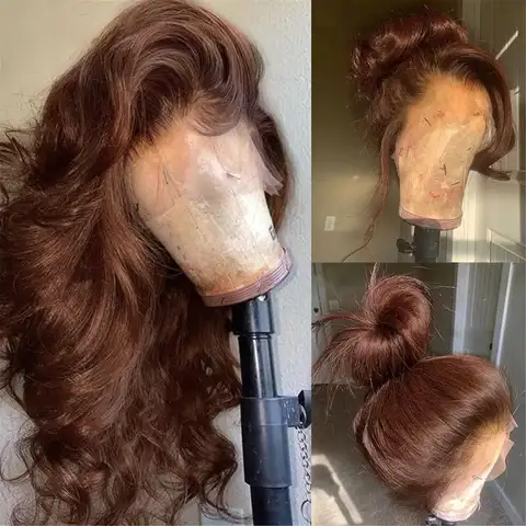 Onda do corpo chocolate marrom perucas dianteiras do laço cabelo humano pré arrancado cabelo virgem marrom brasileiro sem cola hd peruca frontal para mulher