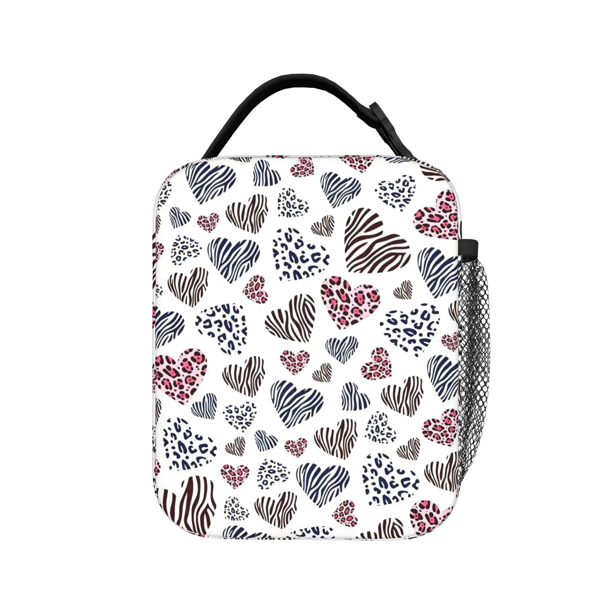 Leopard Zebra Mixed Heart Pattern Y2K Romantic Animal Style Lunch Bag For Child Office Lunch Box Oxford Thermal Tote Handbags