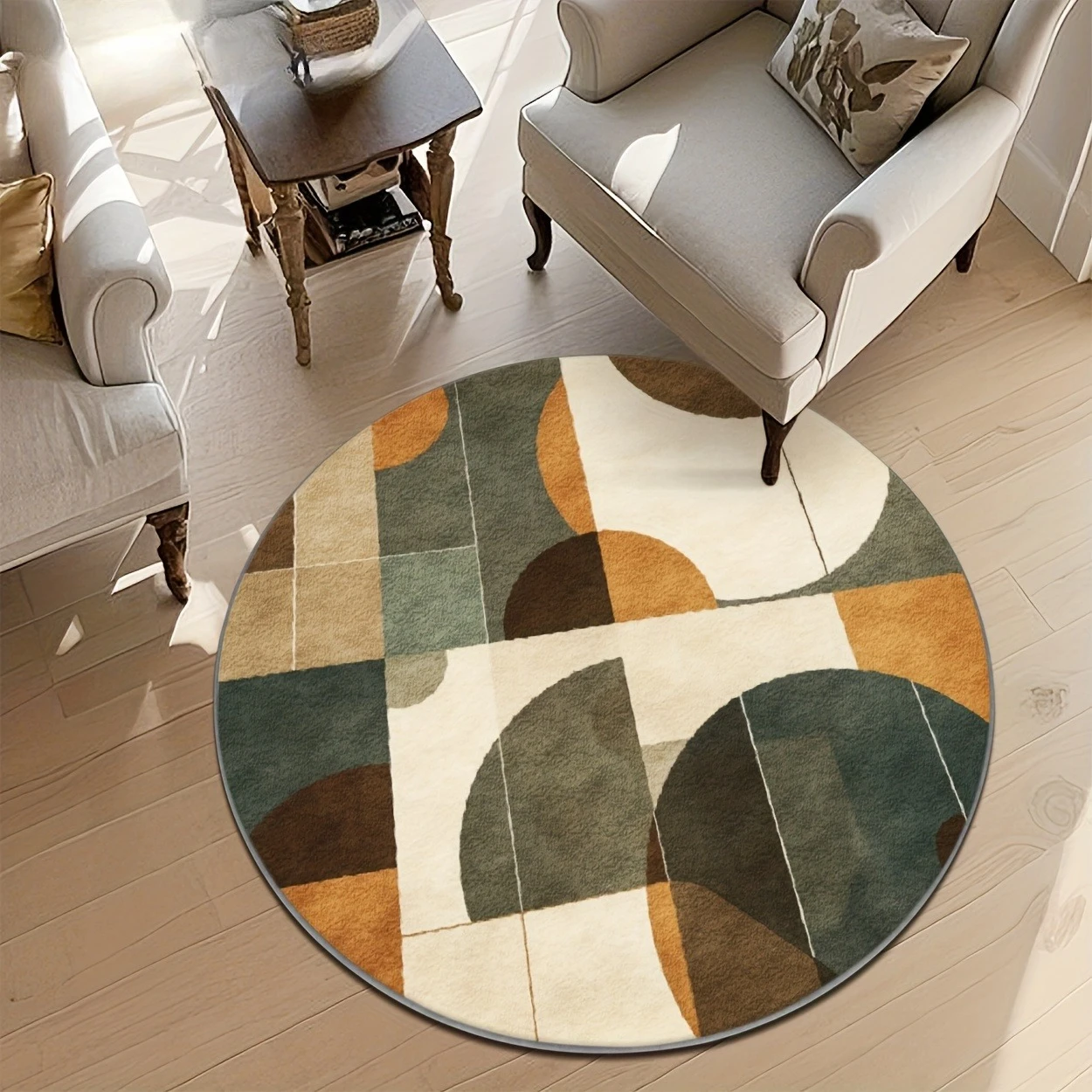 Minimalist Wave Line Circular Entrance Mat  Beige White Concentric Pattern Anti Slip Round Front Door Decor Rug