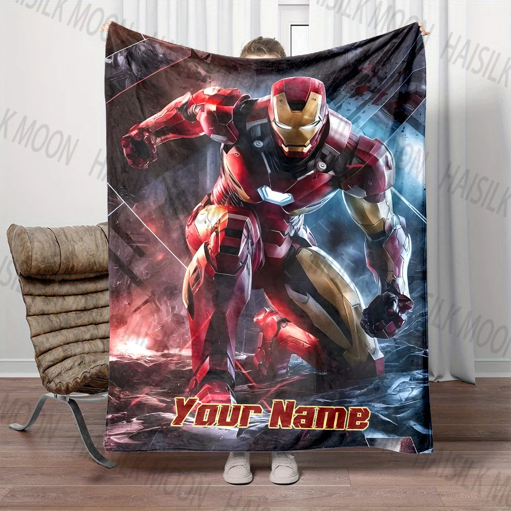 (Memo U Name)1PC Marvel Iron Man Printed Blanket Can Be Custom with Name, Soft and Warm, Suitable for Home, Office, Camping,Car