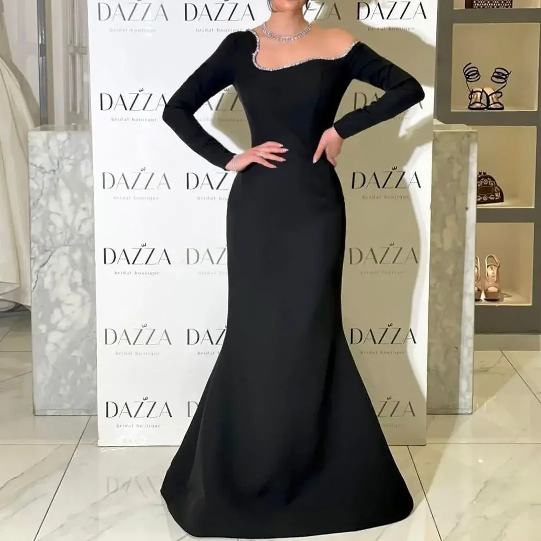 

Black Saudi Arabia Formal Prom Dresses Mermaid Floor Length Long Sleeve Evening Dresses Cocktail Party Gowns Plus Size