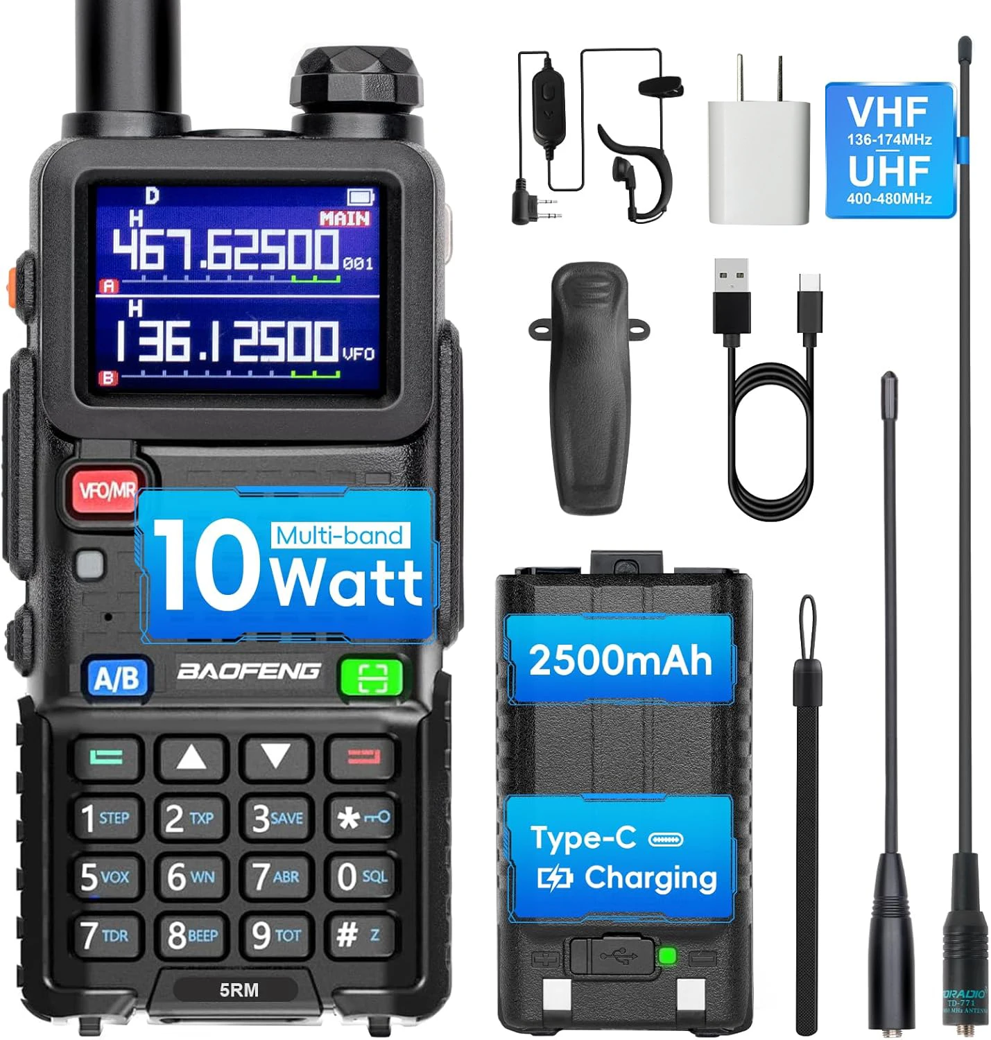 

BAOFENG 5RM 10W Ham Radio Long Range UV5RM GMRS Radio Handheld Two Way Radio NOAA Weather Receiver Rechargeable Long Range Walk