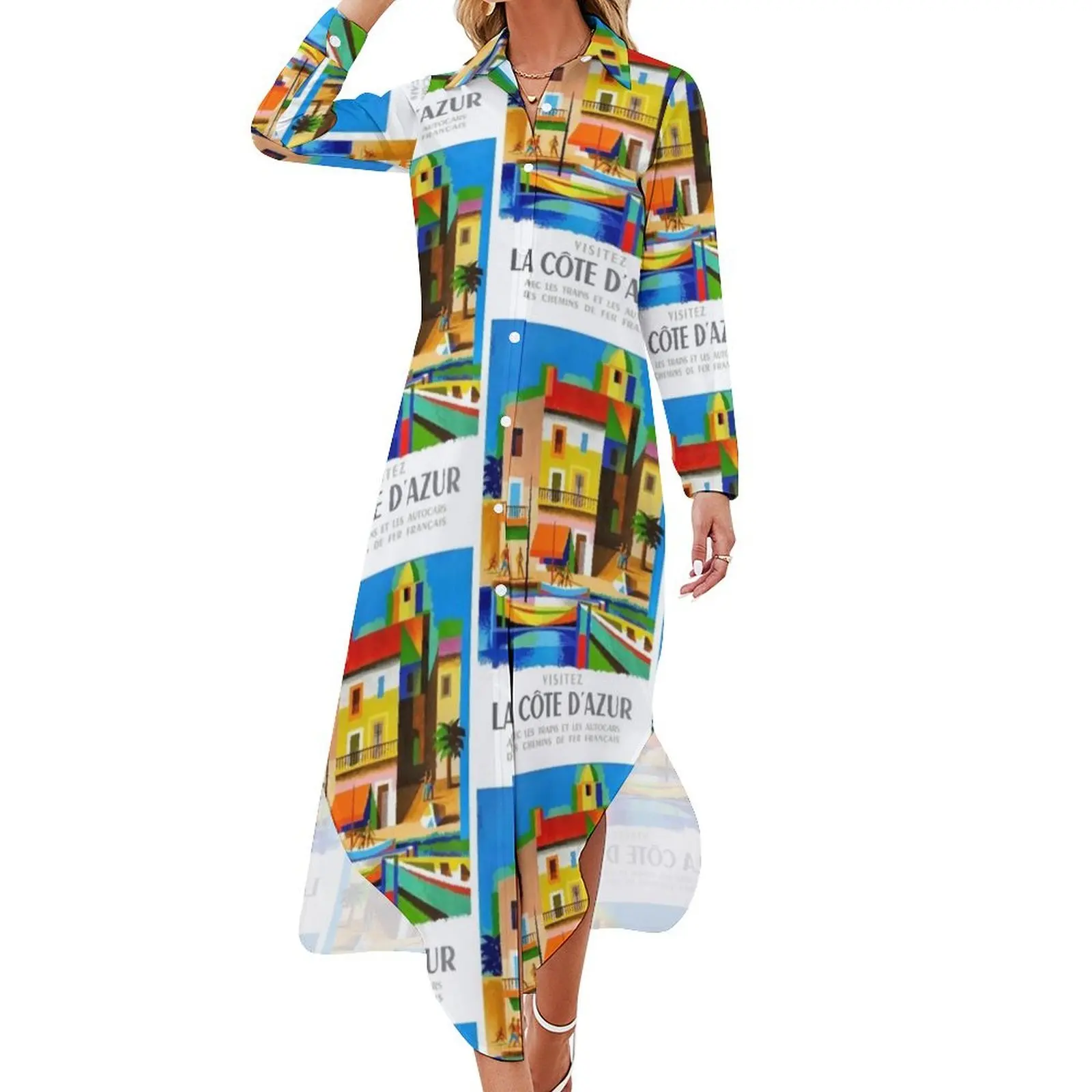 

1963 Cote d'Azur French Riviera Vintage World Travel Poster Long Sleeved Shirt Dress dresses for women