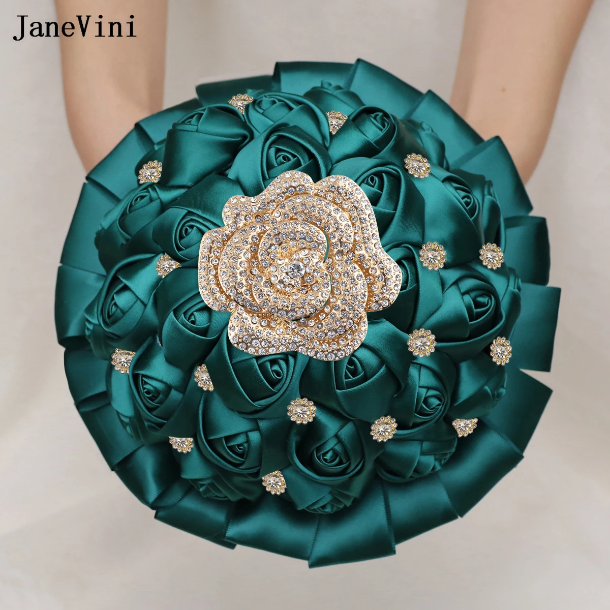 

JaneVini New European Bridal Brooch Bouquets Bling Crystals Dark Green Flowers Artificial Satin Roses Wedding Bouquet for Bride