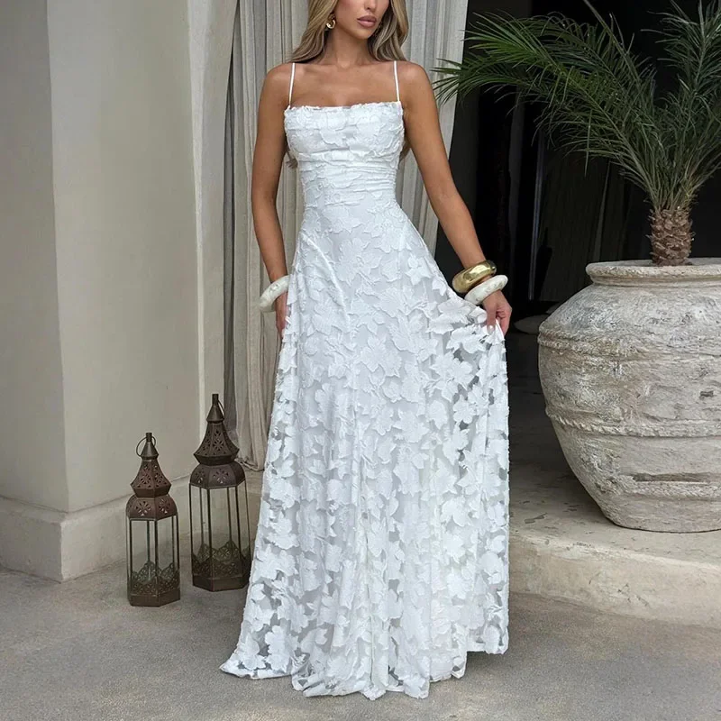 New Sexy Sleeveless Backless Boho Dress Elegant Jacquard Crochet Lace Prom Dresses Summer Solid Slash Neck Embroidery Long Dress