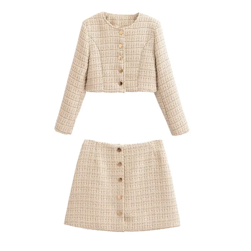 

Women's 2 pieces coarse tweed set single breasted short jacket+high waisted skirt 2024 new small fragrant style temperament set