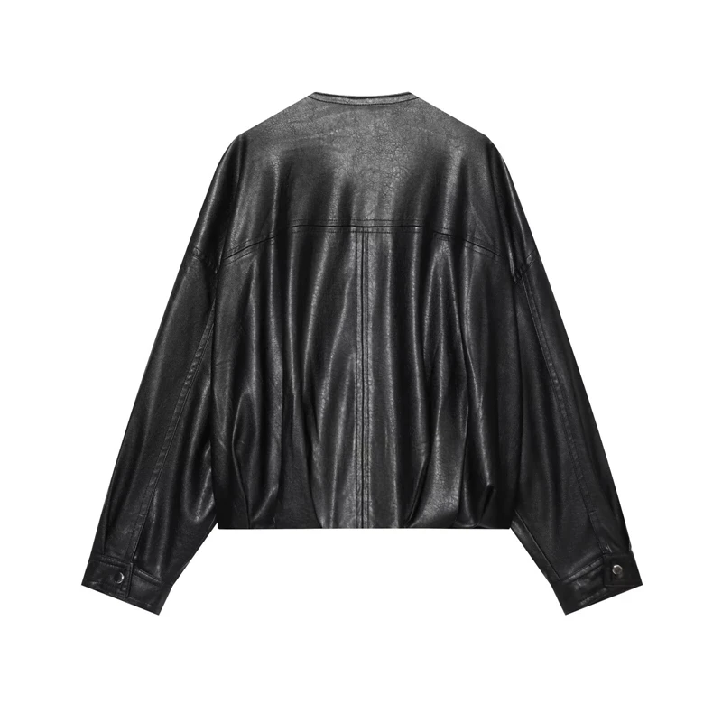 Guobioziy 2026 Fashion Women Round Neck Faux Leather Bomber Coat Drop Shoulder Loose PU Jacket Casual Urban Street Outerwear