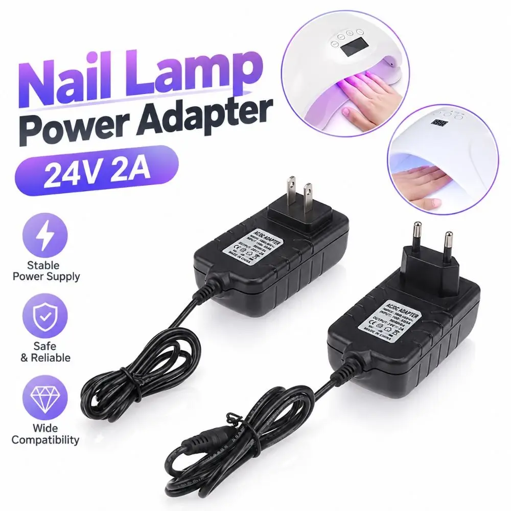 24V 2A Nail Lamp Power Adapter Regulated Output Black AC DC Adapter Interchangeable Plug UV LED Lamp Adapter