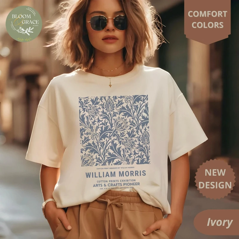 Camiseta Vintage con Estampado Floral para Mujer, Camiseta con Diseño de William Morris, Elegante y Estética, Ideal para Regalo