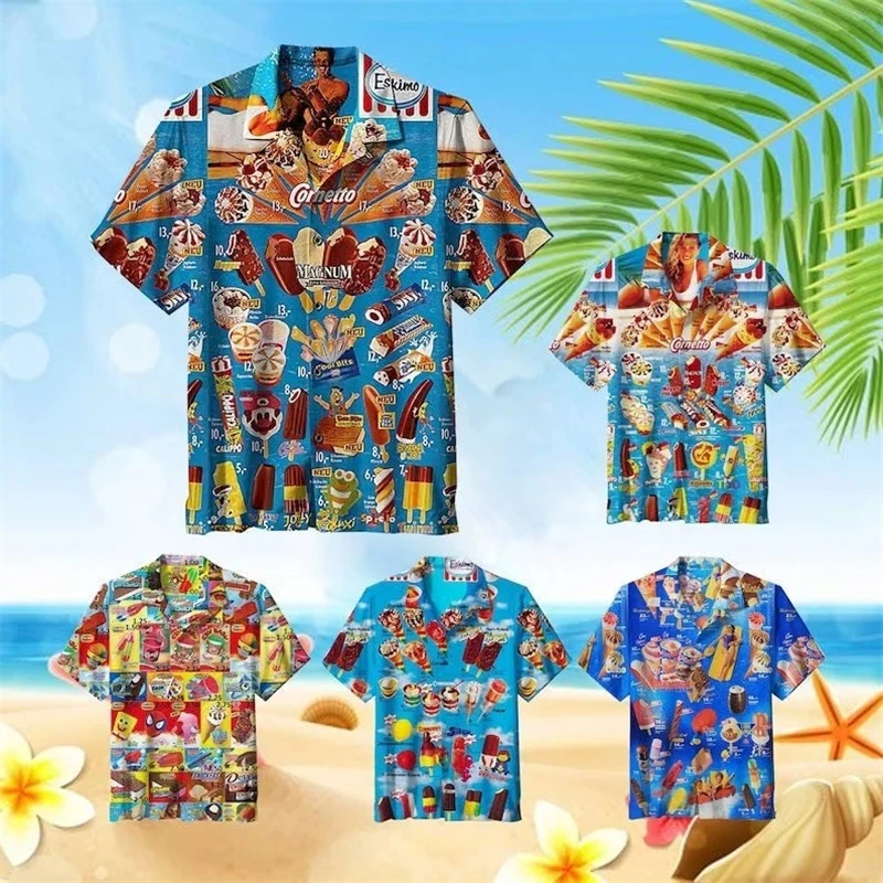 Trendy Cool Fashion Ice Cream Shirts Beach Party 3d Print Hawaiian Shirt Summer unisex Short Sleeve Oversized Blouse Lapel Shirt