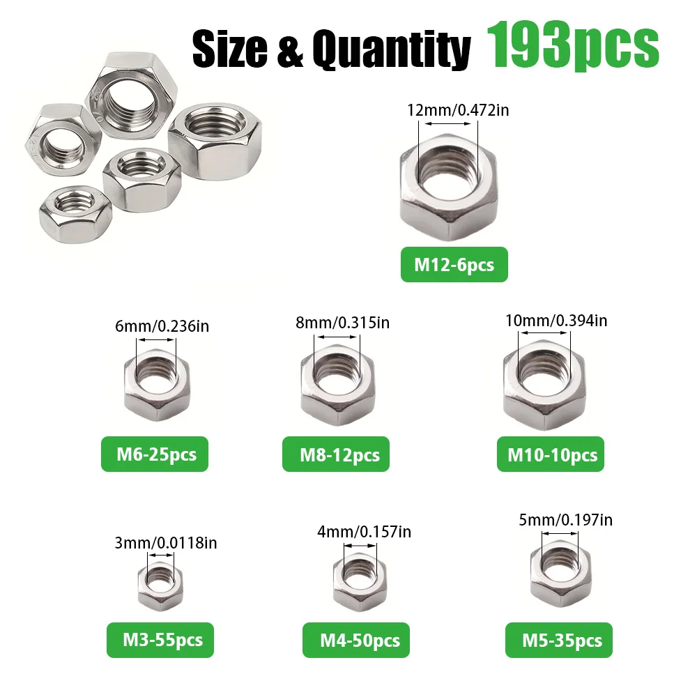 193-Piece Set of Stainless Steel Hexagonal Nuts M3 M4 M5 M6 M8 M10 M12, Industrial Equipment Accessories, Home Building Maintena