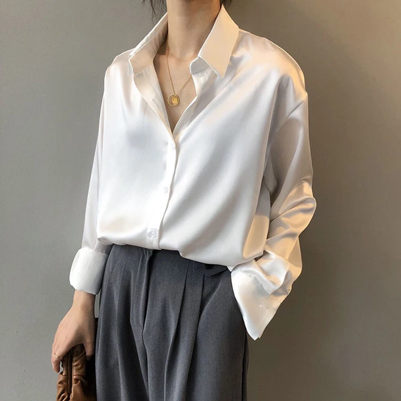 

Gidyq Korean Casual Stain Shirt Women Elegant Fashion Long Sleeve Blouse Spring Loose Office Ladies Buttons All Match Chic Tops