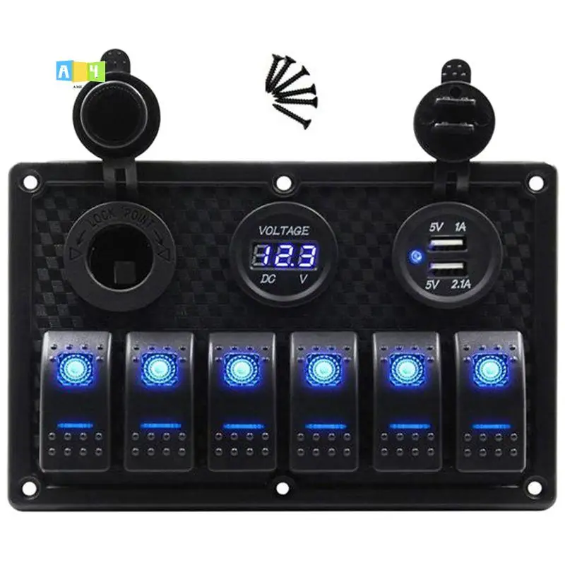 

A04E-12/24V 6 Buttons Switch Panel With Digital Voltmeter Tester 3.0 USB Chargers Bule Light Boat Power Adapter