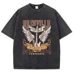 Summer Women Cotton Washed T-Shirts Nashville Music City Tennessee Print Tee Shirts Distressed O-Neck Loose Tops Female Clothes