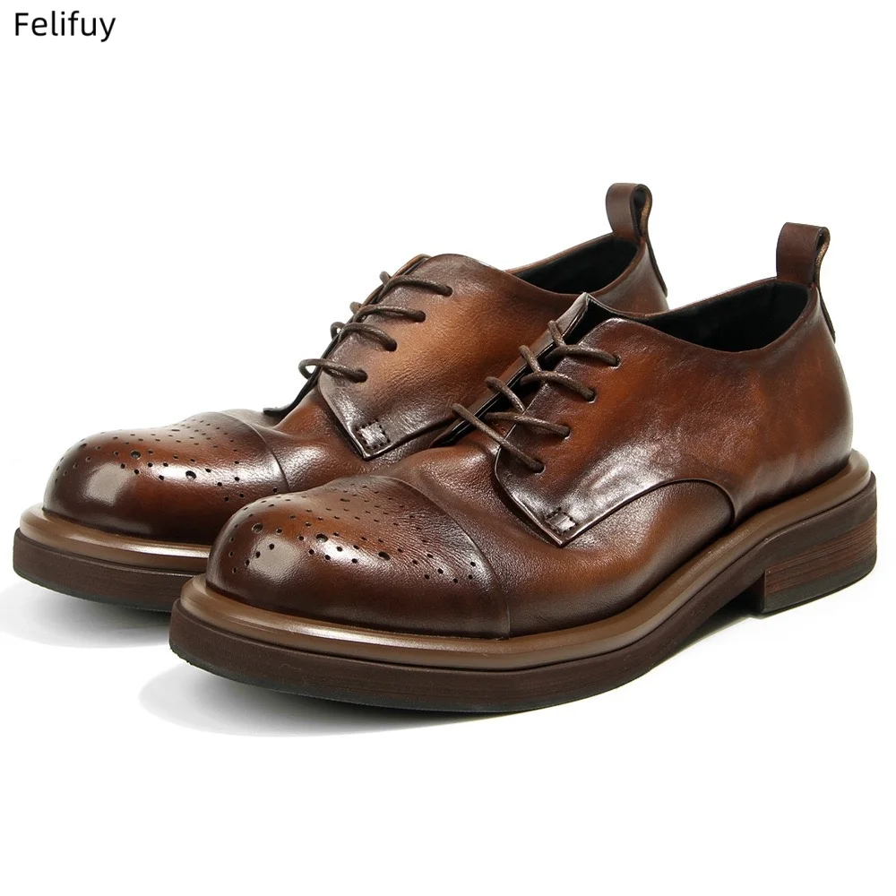 British Carving Brogue Men's Shoes Carved Fashion Casual Genuine Leather Shoes with Cowhide Retro Handmade Retro Thick Sole Shoe