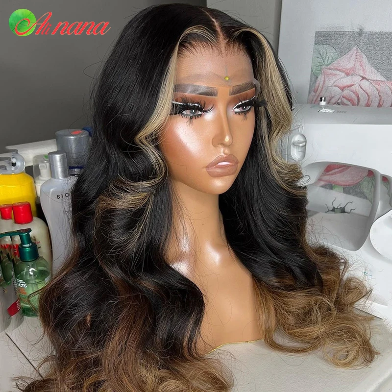 Onda do corpo peruca de cabelo humano para mulheres, marrom ombre, fechamento transparente do laço, peruca frontal do laço, destaque 5x5, 30 ", 13x6