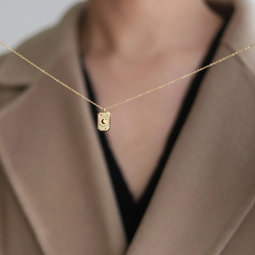 Gold Sun Moon Pendant Necklace, Celestial Rectangle Statement Chain, Boho Astrology Inspired Jewelry for Women Gifts