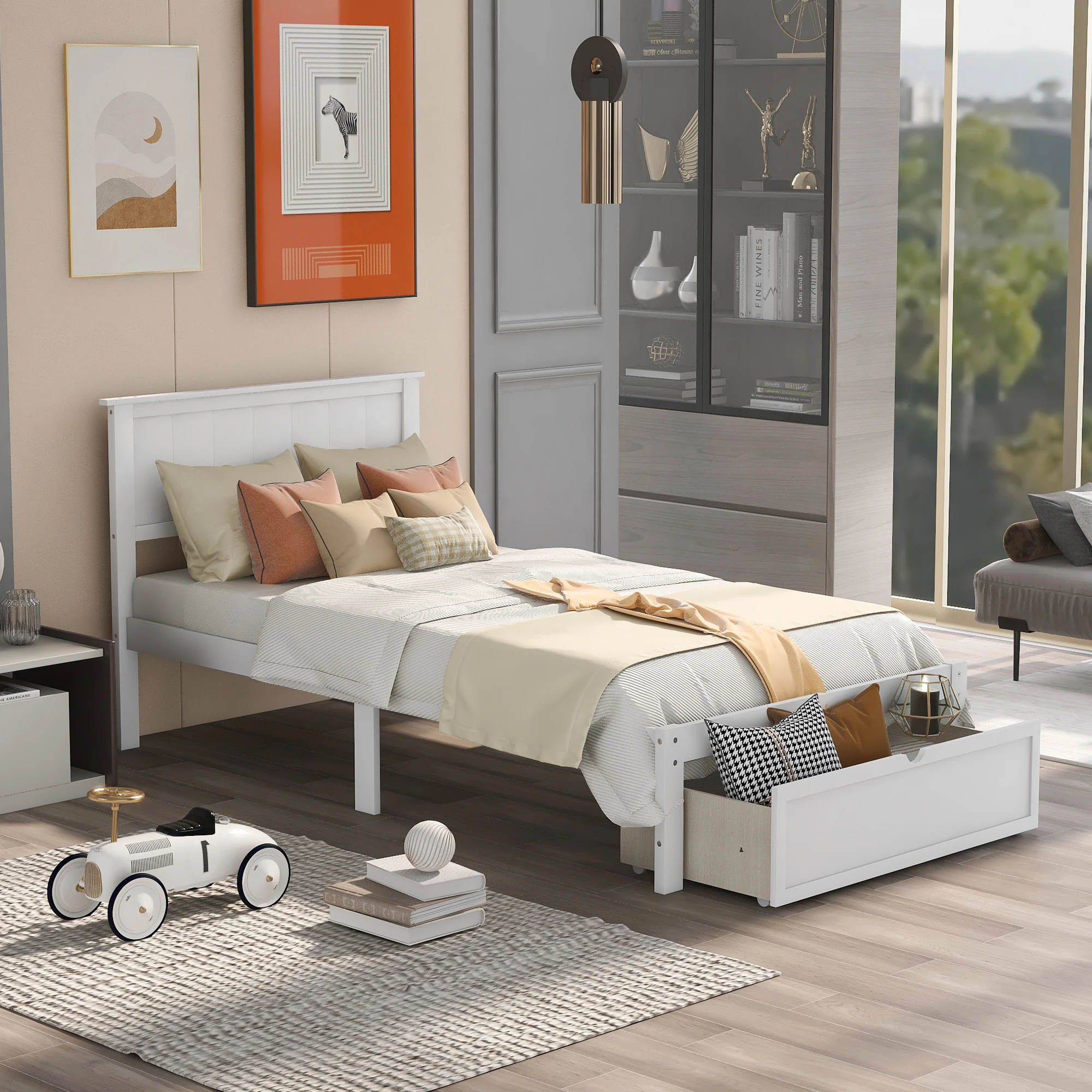 

White Twin Size Platform Bed with Under-bed Drawer, Practical Storage Solution 76x42.4x36.2 in.