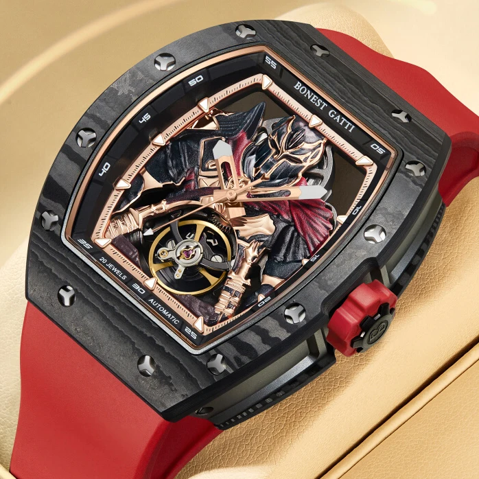 

BONEST GATTI Мужские автоматические часы Tonneau Механические наручные часы Светящийся безель из углеродного волокна Светящийся скелет Спартанский циферблат воина