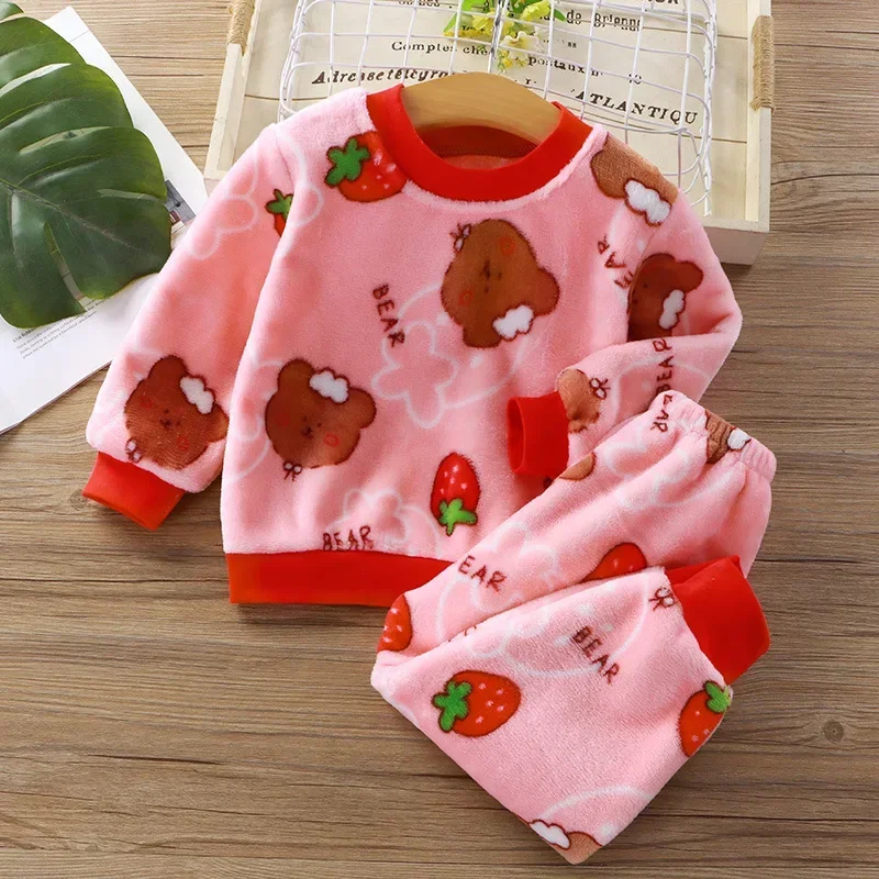 Two-piece Autumn Winter Home Sleepwear Set Boys Baby Fleece Warm Outdoor Children Girls Homewear Suits Thickened Ammonia Fabric