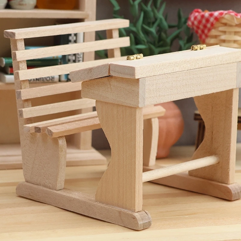 1:12 Scale Miniature School Desk with Integrated Slatted and Backrest for Classroom Arrangements, Study Rooms, and 15UB