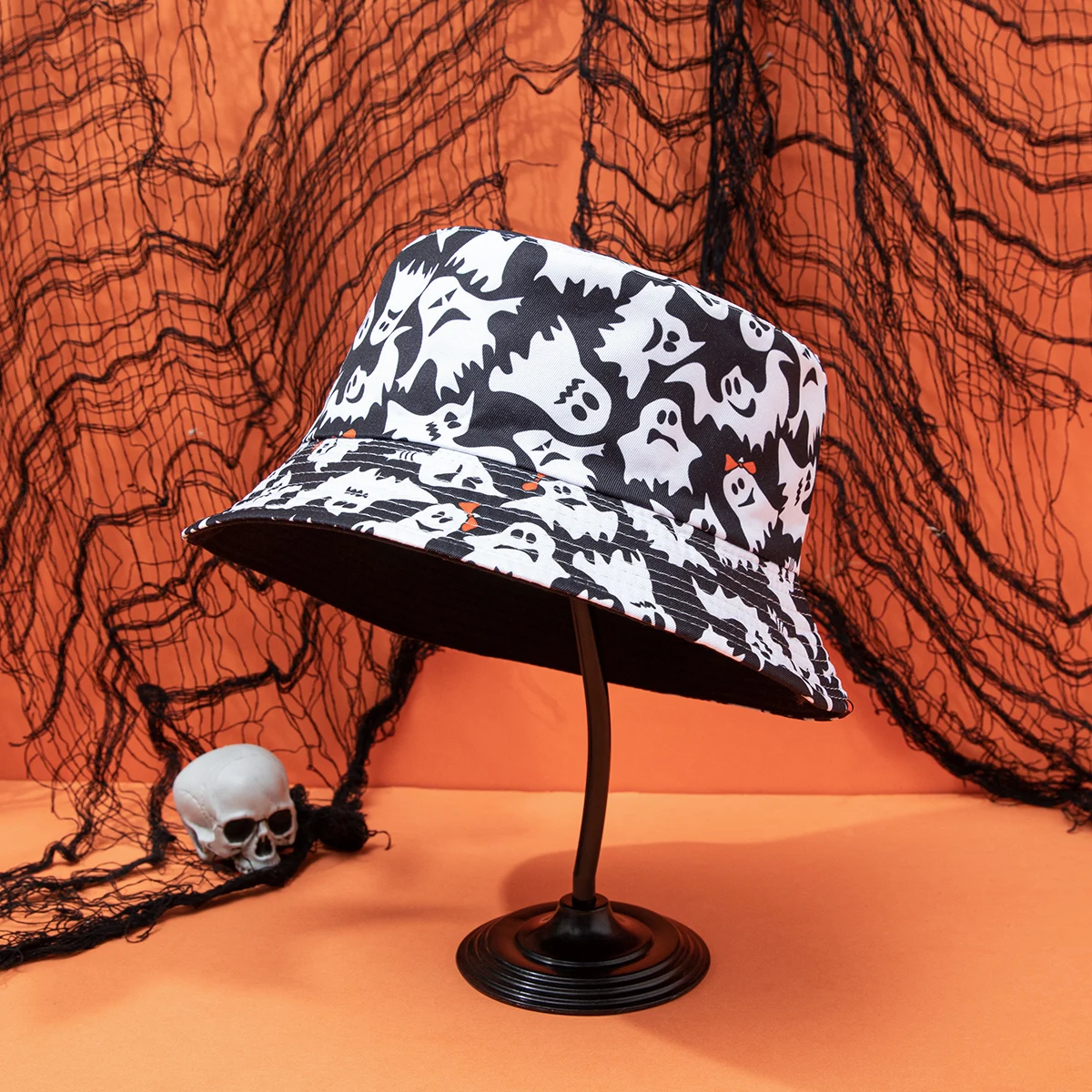 European and American fashionable printed double-sided fisherman hat, Halloween style casual flat-topped basin hat