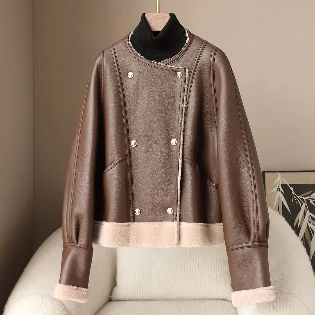 

Women's Genuine Fur Casual Jacket Eco-Friendly Leather Lining 100% Wool Capsule Style Spring New Ready Stock