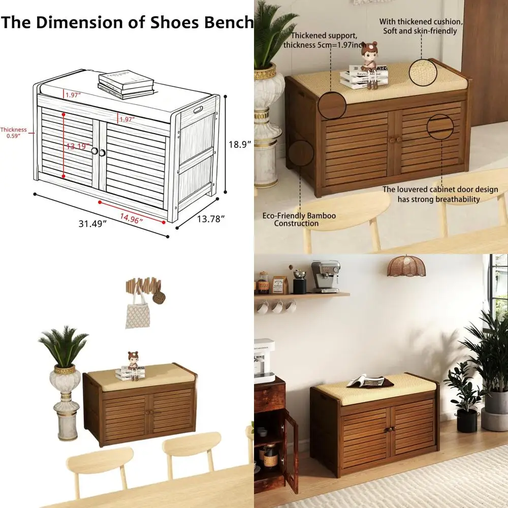 

Двухуровневый бамбуковый шкаф для обуви с мягким сиденьем, органайзер для прихожей (31.49Д x 13.78Ш x 18.9В)