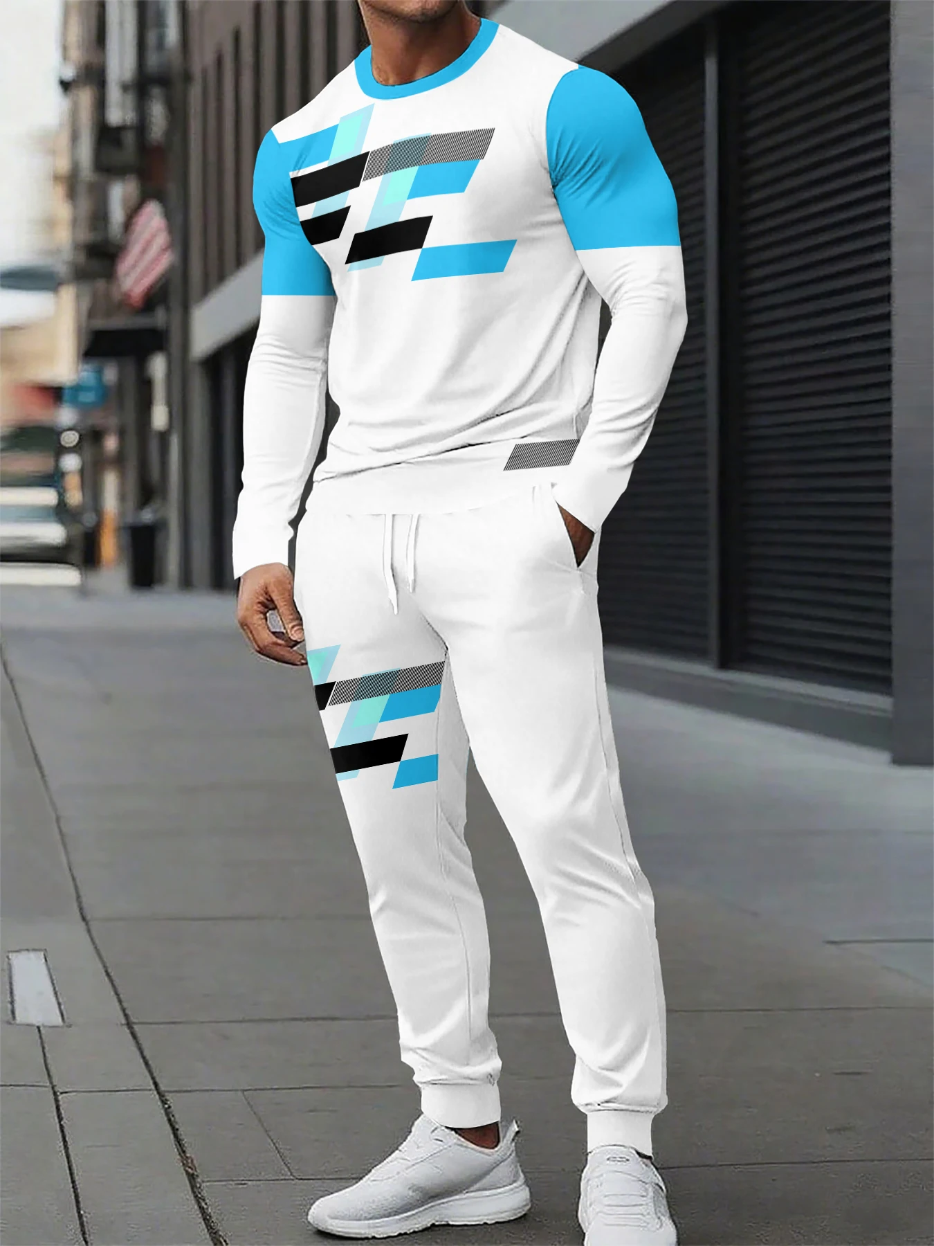 

Мужской костюм с буквенным принтом, городской уличный тренд, уличная повседневная модная футболка с круглым вырезом и длинными рукавами, брючный костюм