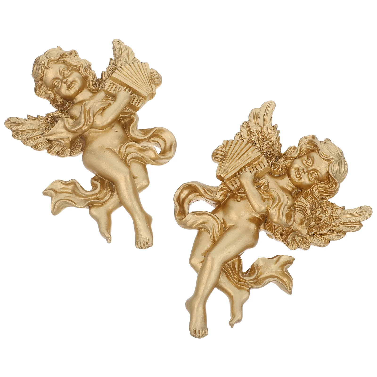 

1Pair Golden Angel Wall Sculpture Resin Cherub Ornament Holding Harp Vintage Home Decor for Living Room Bedroom Wall Hanging
