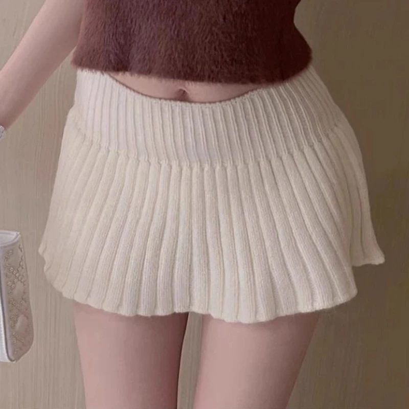 White Mini Pleated Skirts for Women Sexy A Line Skirt Low Waist Women Knitted Pleated Short Micro Skirts Korean Fashion Clothes