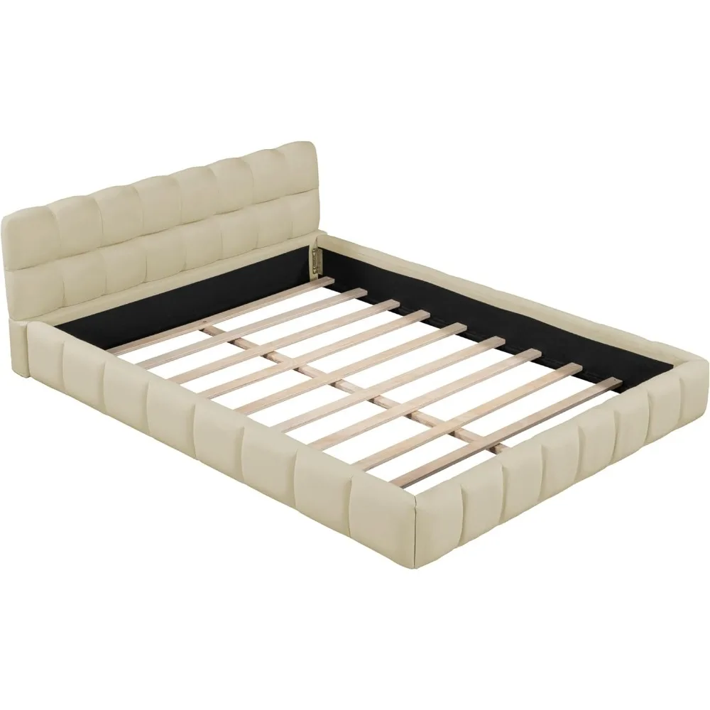 Queen gestoffeerd bedframe met vleugelrugleuning, linnen laag platformbed, geen boxspring nodig, modern queensize bedframe