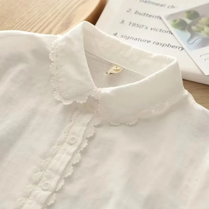 Spring New Women Double-layer Cotton White Shirts Full Sleeve Peter Pan Collar Loose Casual Soft Lace Blouse Office Lady T33003X