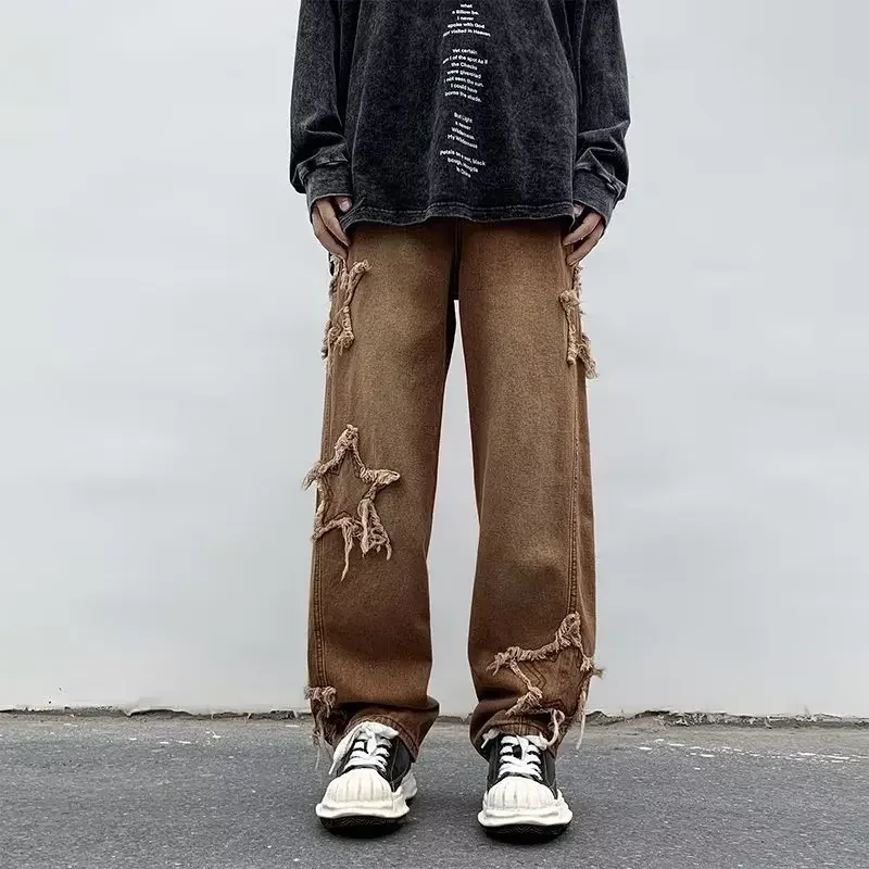 2023 New Fashion Star Embroidery Brown Men\'s Jeans Y2K Vintage Hip Hop Pants Straight Trousers Floor Slam Pants Calça Masculina