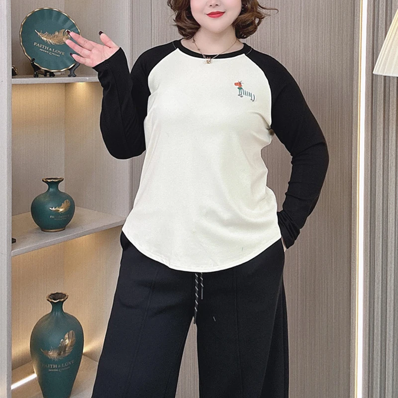 Plus Size Women Brushed Tops Autumn Winter Loose Pullover Round Neck Block Color T-shirt 2409