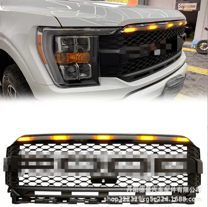 

Suitable for pickup truck modification front face Ford 21 F150 Raptor with through LED lights front grille middle mesh