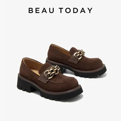 BEAUTODAY Vinatge Loafers Women Cow Suede Gold Metal Chain Flats Sewing Ladies Leather Shoes Handmade 26656